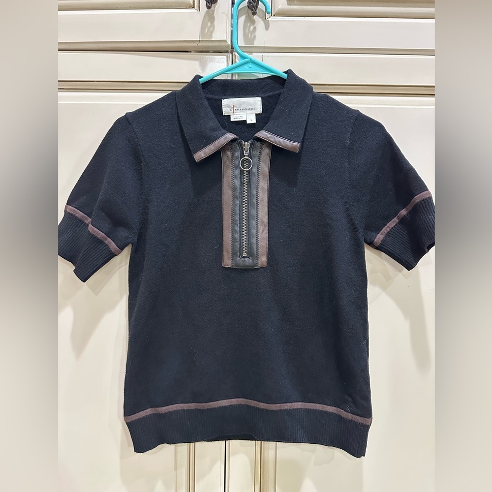 Anthropologie faux leather trim sweater small
